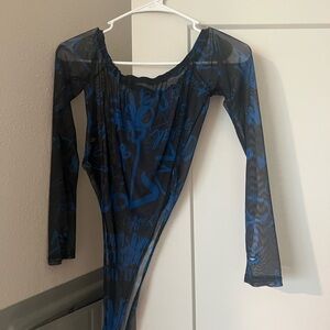 Blue and Black Graphic Long Sleeve Bodysuit